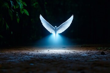 Poster - Angel ascending through a beam of light in a dark forest, creating an ethereal and hopeful ambiance