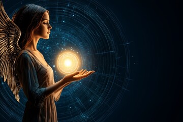 Poster - Angel holding a glowing orb of energy, surrounded by celestial patterns and cosmic light