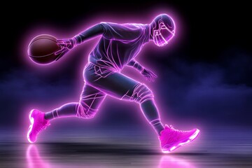 Poster - Football American game reimagined in a futuristic arena, with holographic plays displayed mid-air and glowing neon equipment