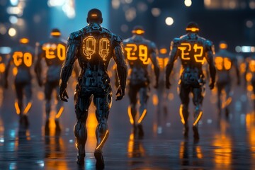 Poster - Football American game set in a cyberpunk universe, with neon-lit players and holographic plays displayed in a glowing futuristic arena
