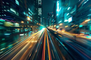 Poster - Fast moving train creates light trails in urban city at night
