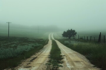 Fototapete - Gravel road disappearing into the fog on a gloomy day in the countryside