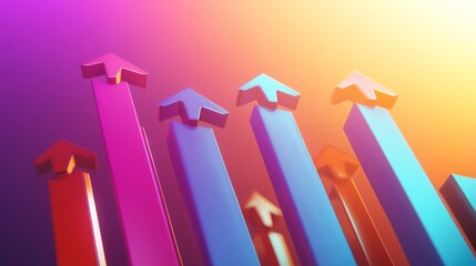 Leinwandbilder - Vibrant 3D Arrows Illustrating Growth and Success in a Bright Abstract Background with Shades of Pink, Blue, and Orange Representing Progress and Dynamic Movement