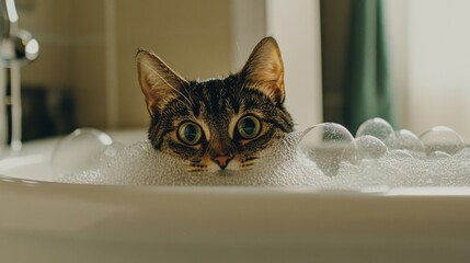 Poster - Curious Cat in a Bathtub Surrounded by Bubbles and Foam, Displaying Big Eyes and Playful Expression in a Home Bathroom Setting