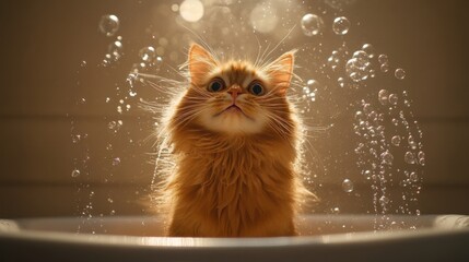Poster - Adorable orange cat surrounded by bubbles in a bright bathroom setting, showcasing a fun and playful moment during bath time filled with joy and curiosity.