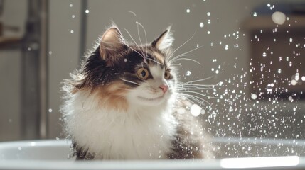 Poster - Adorable Cat Playfully Reacting to Sparkling Water Droplets in a Bright and Cheerful Home Environment, Capturing Whiskers and Fur in Stunning Detail
