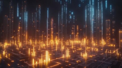 Poster - futuristic cityscape with glowing neon lights and digital projections illuminating the night sky, cr