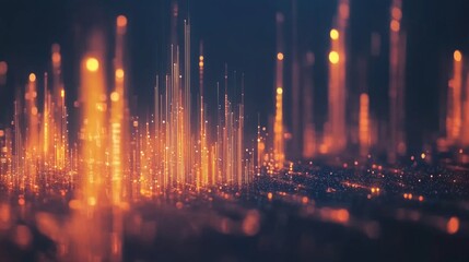 Poster - abstract digital landscape with glowing orange energy spikes and illuminated particles in a dark env