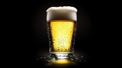 Poster - Refreshing Glass of Beer with Foam on Top Illuminated Against a Dark Background, Capturing the Essence of a Perfect Cold Beverage Experience for Any Occasion