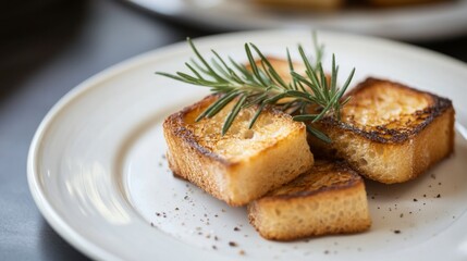 Poster - Deliciously toasted bread slices garnished with fresh rosemary on a white plate, perfect for gourmet dishes, brunch, or culinary presentations in food photography.