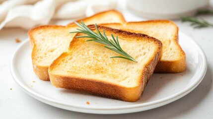 Poster - Freshly Toasted Bread Slices on a White Plate Garnished with a Green Herb, Perfect for Culinary Stock Photography and Food Presentations