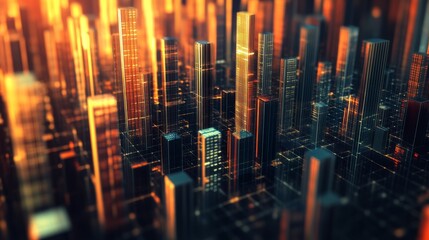 Poster - Futuristic Urban Landscape with Abstract Skyscrapers Illuminated by Glowing Lights and Geometric Patterns in a Digital City Environment