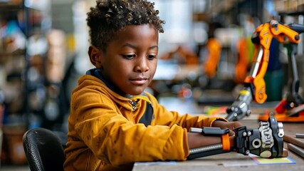 Aufkleber - A boy focused on a task using a robotic arm in a well-lit workshop. Surrounded by tools and technology, he displays curiosity and skill while learning about robotics.