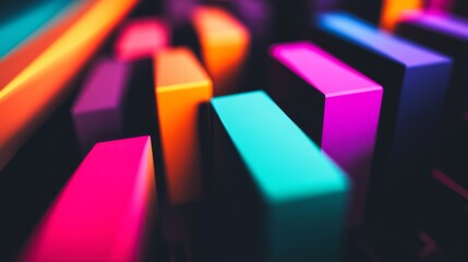 Poster - Abstract Close-Up of Colorful Geometric Shapes Forming an Engaging Visual Composition in Vibrant Hues of Pink, Purple, Blue, and Orange Against a Dark Background