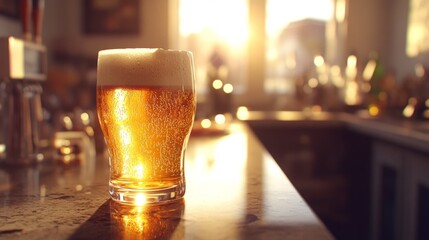 Poster - Refreshing Glass of Beer Illuminated by Warm Sunset Light on Kitchen Counter, Highlights Bubbles and Foam, Perfect for Beverage Enthusiasts and Culinary Scenes