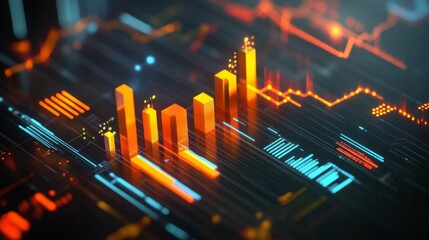 Leinwandbilder - Abstract Data Visualization with Futuristic Bar Graphs and Line Charts in Bright Orange and Blue Colors on a Digital Background