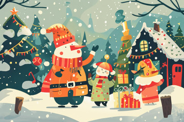 Wall Mural - A festive gathering with cheerful characters celebrating Christmas in a winter wonderland