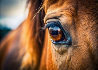 Wall Mural - Close-Up of a Horse's Eye Capturing the Intricacies of Nature's Designs with Detailed Eyeball Centered in the Eye's Reflection, Showcasing Beauty and Depth of Equine Features