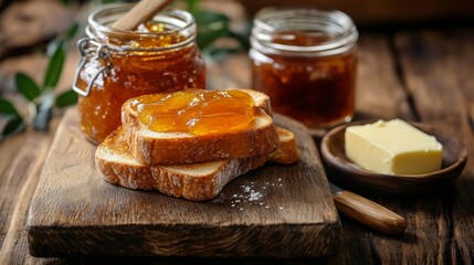 Poster - Delicious homemade bread topped with golden jam on a rustic wooden board, accompanied by butter and jars of fruit preserves, perfect for breakfast or snack time