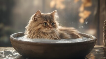 Poster - Adorable fluffy cat relaxing in a rustic bowl filled with water, surrounded by warm natural light and soft golden autumn foliage, creating a serene atmosphere