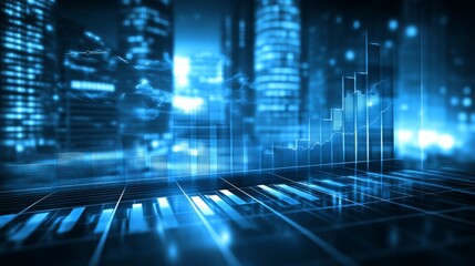 Leinwandbilder - Futuristic Data Visualization with Bar Graphs and City Skyline at Night in a Blue Color Palette, Representing Technology and Growth in Finance and Business Sectors
