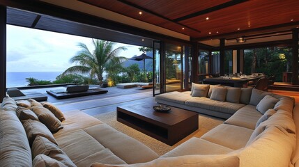 Poster - Elegant Interior Design with Modern Lounge Furniture Overlooking Scenic Tropical View and Pool Area in Luxury Villa by the Beach at Sunset