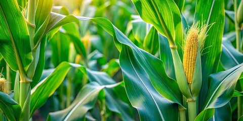 Wall Mural - Close-Up View of Lush Green Corn Plants Featuring Ears and Tassels in Minimalist Style for Agricultural and Nature Photography Enthusiasts