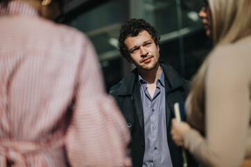 Poster - A group of professionals having a casual discussion outdoors, showcasing diversity and modern business attire. The scene reflects a dynamic workplace environment and teamwork.