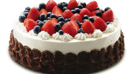 Wall Mural - Decadent Chocolate Cake Topped with Fresh Strawberries and Blueberries, Perfect for Celebrations and Special Occasions Featuring Whipped Cream Roses