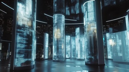 Poster - Exploring the future a futuristic tech hub with holographic screens urban setting digital showcase high-tech environment immersive experience