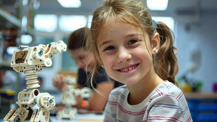 Aufkleber - A cheerful young girl works on assembling a robot in a well-lit classroom. Her focused classmate can be seen in the background, also building a robot.