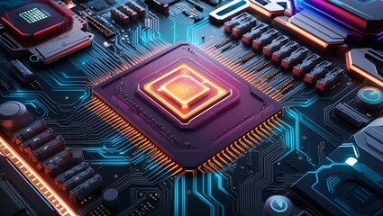 Poster - Closeup of a modern CPU installed on a vibrant motherboard. Illuminated circuitry and sophisticated design showcase advanced computer technology