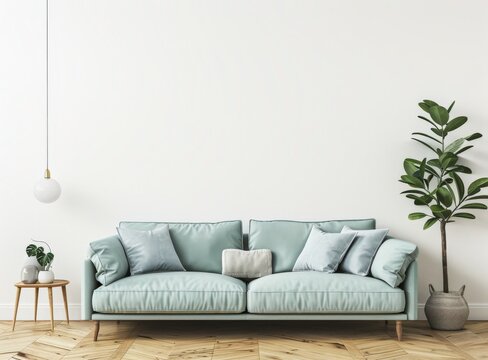A light blue sofa with white pillows sits in a minimalist living room with two potted plants and a blank framed picture