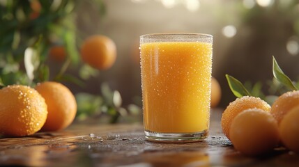 Poster - Freshly Squeezed Orange Juice in a Clear Glass Surrounded by Juicy Oranges on a Rustic Table with Soft Natural Light and Dew Drops