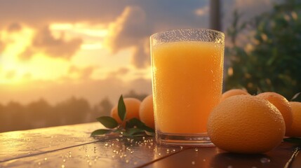 Poster - Refreshing Glass of Orange Juice with Fresh Oranges on a Wooden Table Against a Beautiful Sunset Background with Soft Focus and Natural Vibes