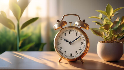 analog alarm clock is placed on a side table with a small plant detail behind it