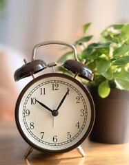 analog alarm clock is placed on a side table with a small plant detail behind it