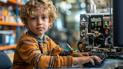 Aufkleber - A young boy, seated at a desk, focuses intently on programming a robotic device. The tech lab is filled with various equipment and tools, showcasing a creative environment.
