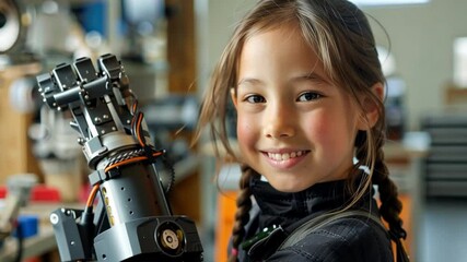 Aufkleber - In a bright workshop, a young girl beams with joy while holding a robotic arm she helped create.