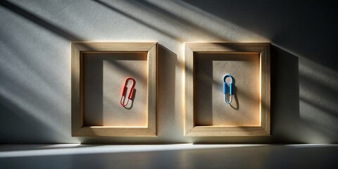 Wall Mural - Elegant Collection of Two Photo Frames with Paper Clips Casting Shadows on a Minimalistic Background for Artistic and Creative Designs