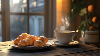 Wall Mural - A cozy café setting with a steaming cup of coffee and a plate of freshly baked croissants on a wooden table 