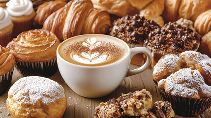 Wall Mural - A close-up of a perfectly frothy cappuccino and a selection of pastries, such as croissants and muffins, on a café table 