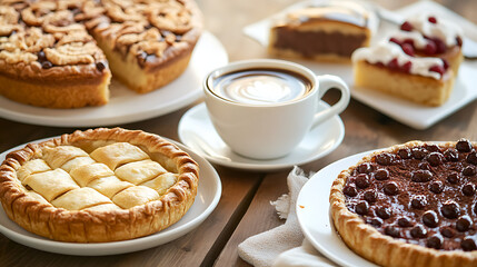 Wall Mural - A selection of delicious bakery items, such as pies and cakes, displayed next to a freshly brewed cup of coffee on a café table 