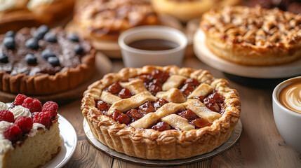 Wall Mural - A selection of delicious bakery items, such as pies and cakes, displayed next to a freshly brewed cup of coffee on a café table 