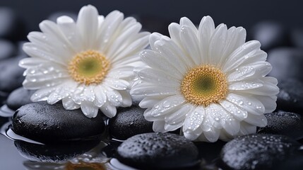 Poster - Two white gerbera daisies with water droplets rest on smooth, dark grey stones in calm water.