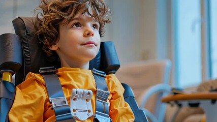 Leinwandbilder - A young boy sits securely in a specialized chair, dressed in a bright orange suit, focused and curious. The modern environment suggests he is engaged in an innovative educational experience.