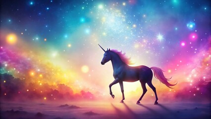 Poster - Enchanting Rainbow Unicorn Fantasy with Pastel Background, Glittering Stars, and Iridescent Bokeh in a Dreamy Pink Sky for Magical Imagery