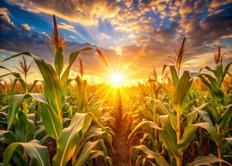 Wall Mural - Ethereal Glow of a Maize Field in Backlight: Capturing Nature's Beauty as Sunlight Filters Through Golden Corn Stalks, Creating a Dreamlike Atmosphere of Tranquility and Wonder