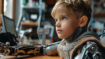 Aufkleber - A young boy with advanced robotic arms sits attentively at a workbench, concentrating on his task in a well-lit workshop filled with tools and equipment.
