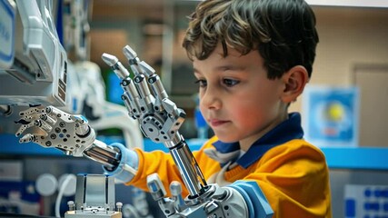 Aufkleber - A young boy with curly hair explores a robotic arm in a technology lab, engaged in a hands-on learning experience about robotics and engineering.